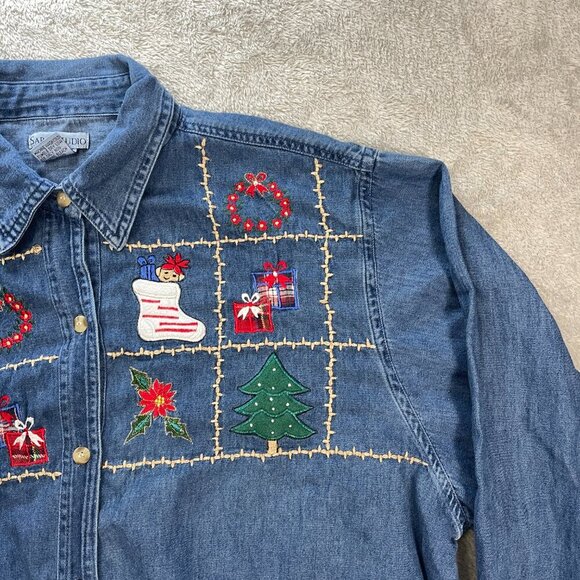 Sara Studio Womens Grandma 3X Christmas Long Sleeve Button‎ Up Blue Denim Shirt - Picture 3 of 13